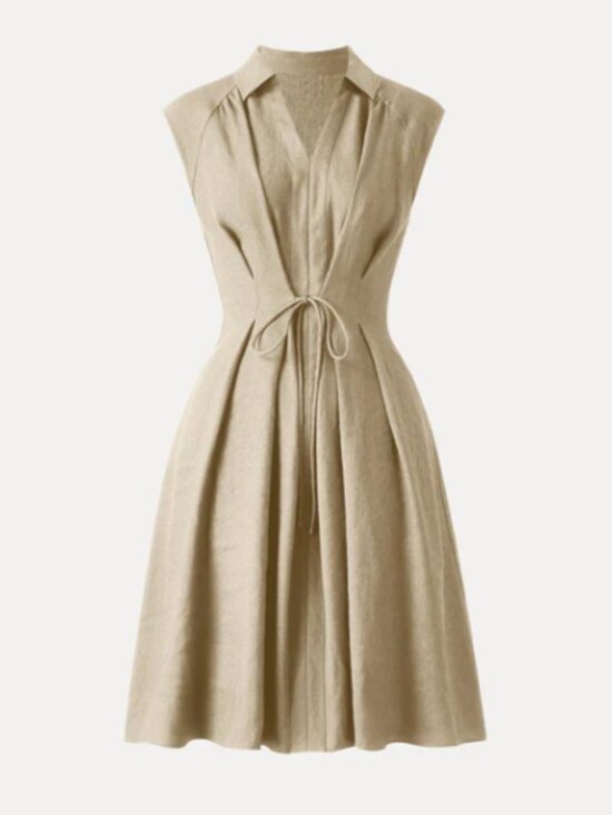 OGL Dresses & Skirts - OGL Viscose-Linen Collared V-neck Midi Dress with Drawstring